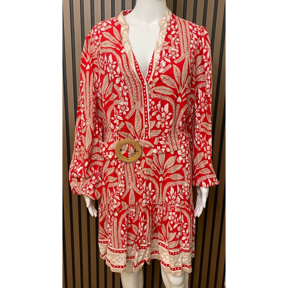 Adrianna Papell Red Tropical Floral Belted Mini Dress Long Sleeve Size 10